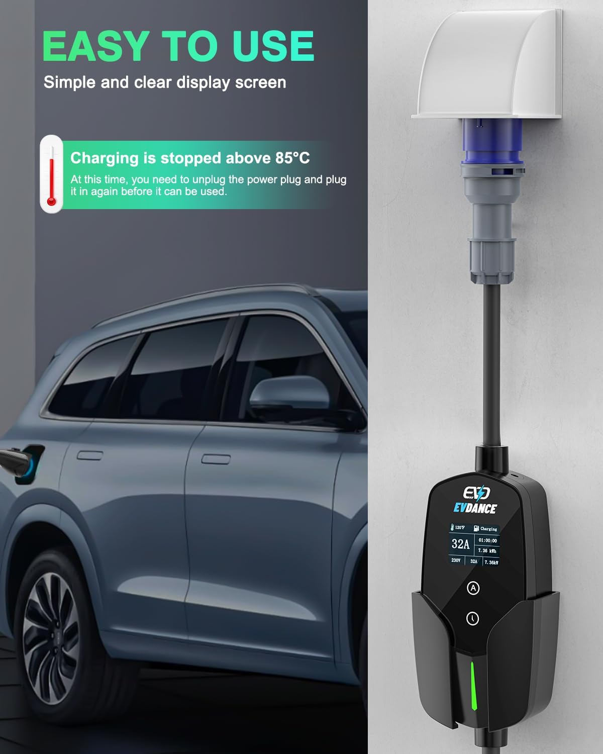 شاحن سيارة EVDANCE كهربائي مع  - مراجعة Portable Ev Charger 32A Type 2 Cee Plug وسعره