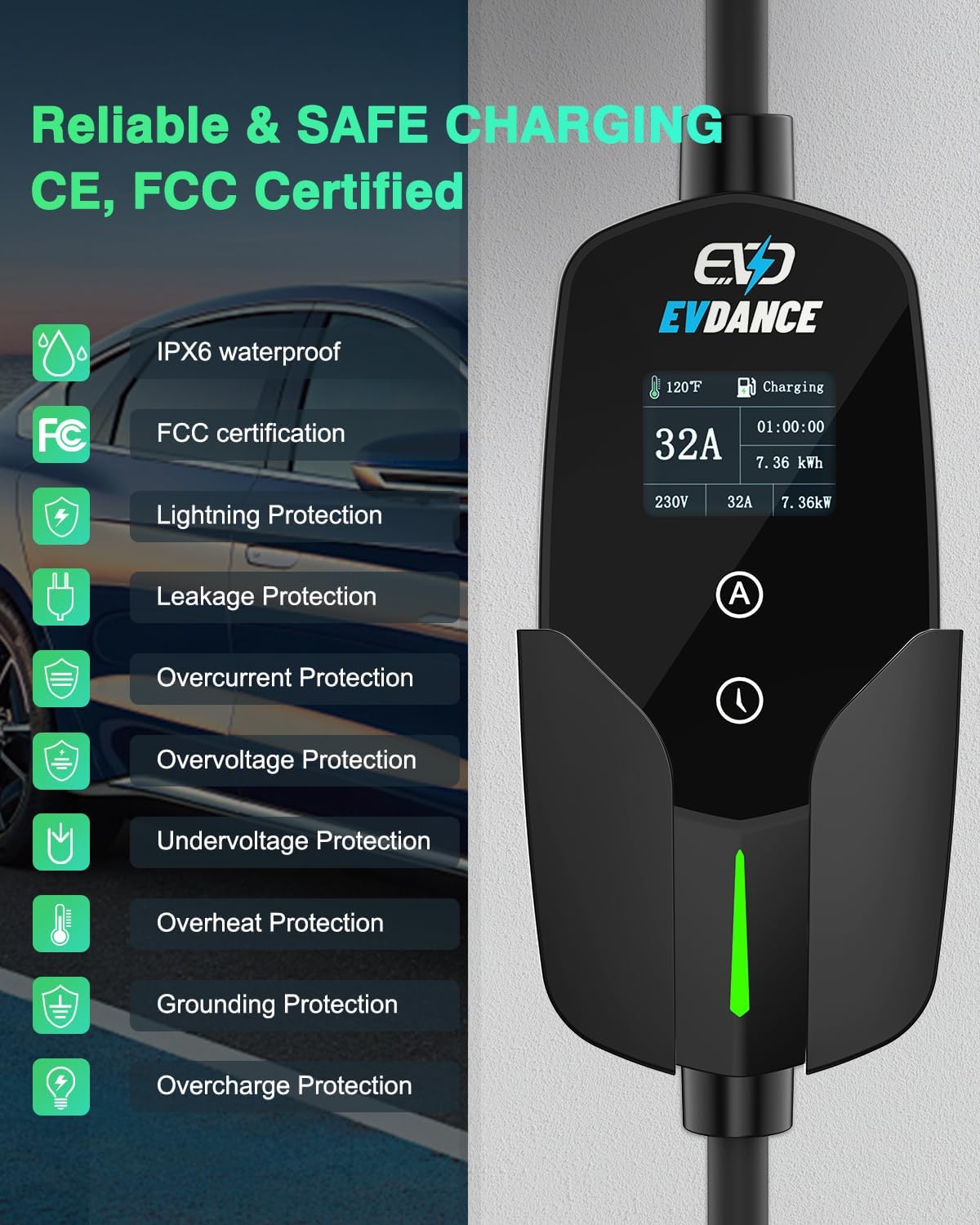 شاحن سيارة EVDANCE كهربائي مع  - مراجعة Portable Ev Charger 32A Type 2 Cee Plug وسعره